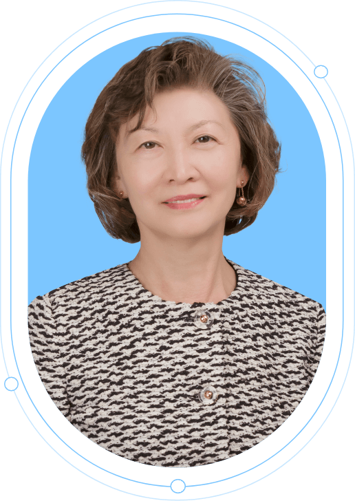 Christine E Lee Portrait with a blue background